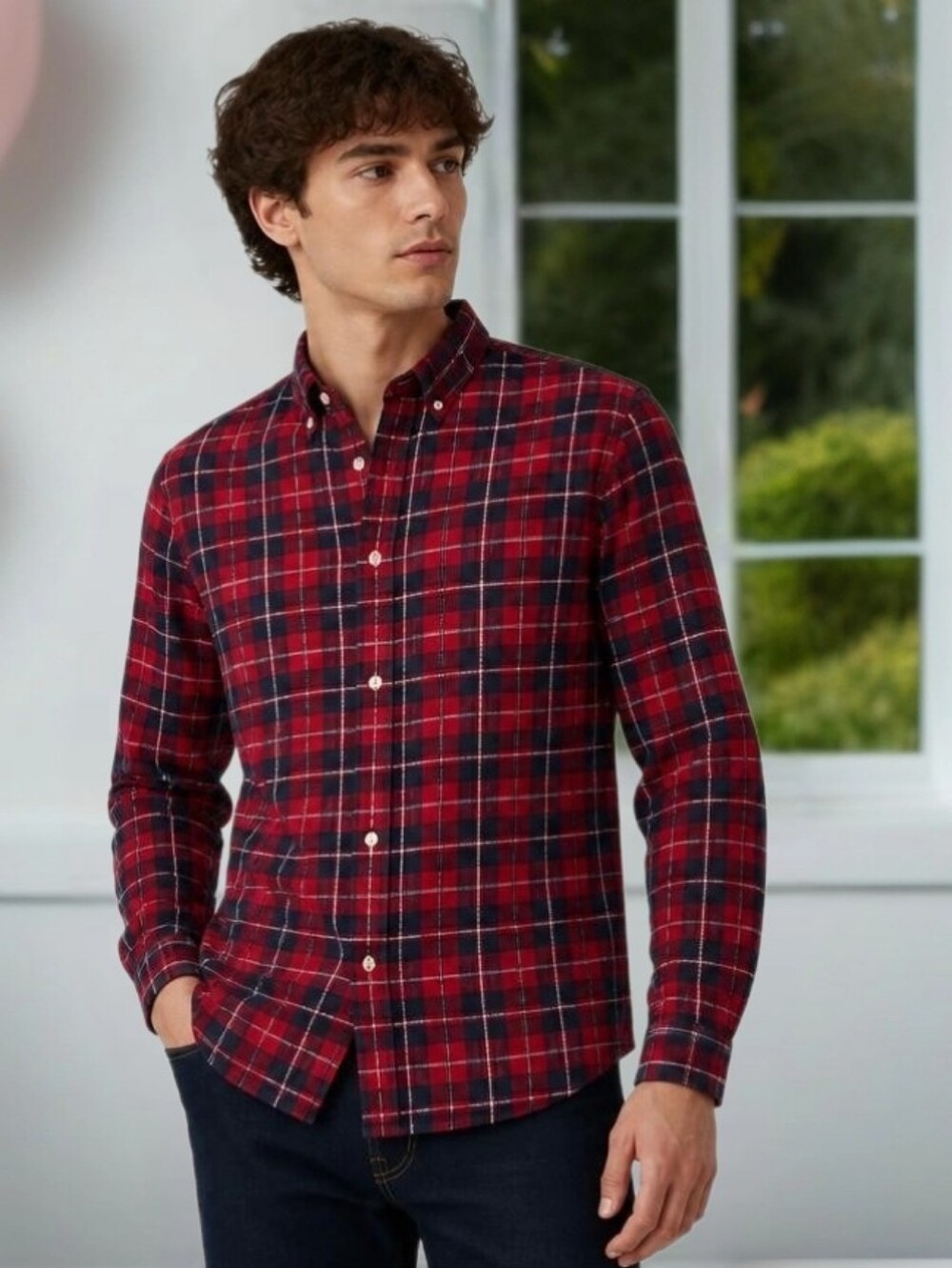 Men's Plaid Button-Front Long Sleeve Shirt